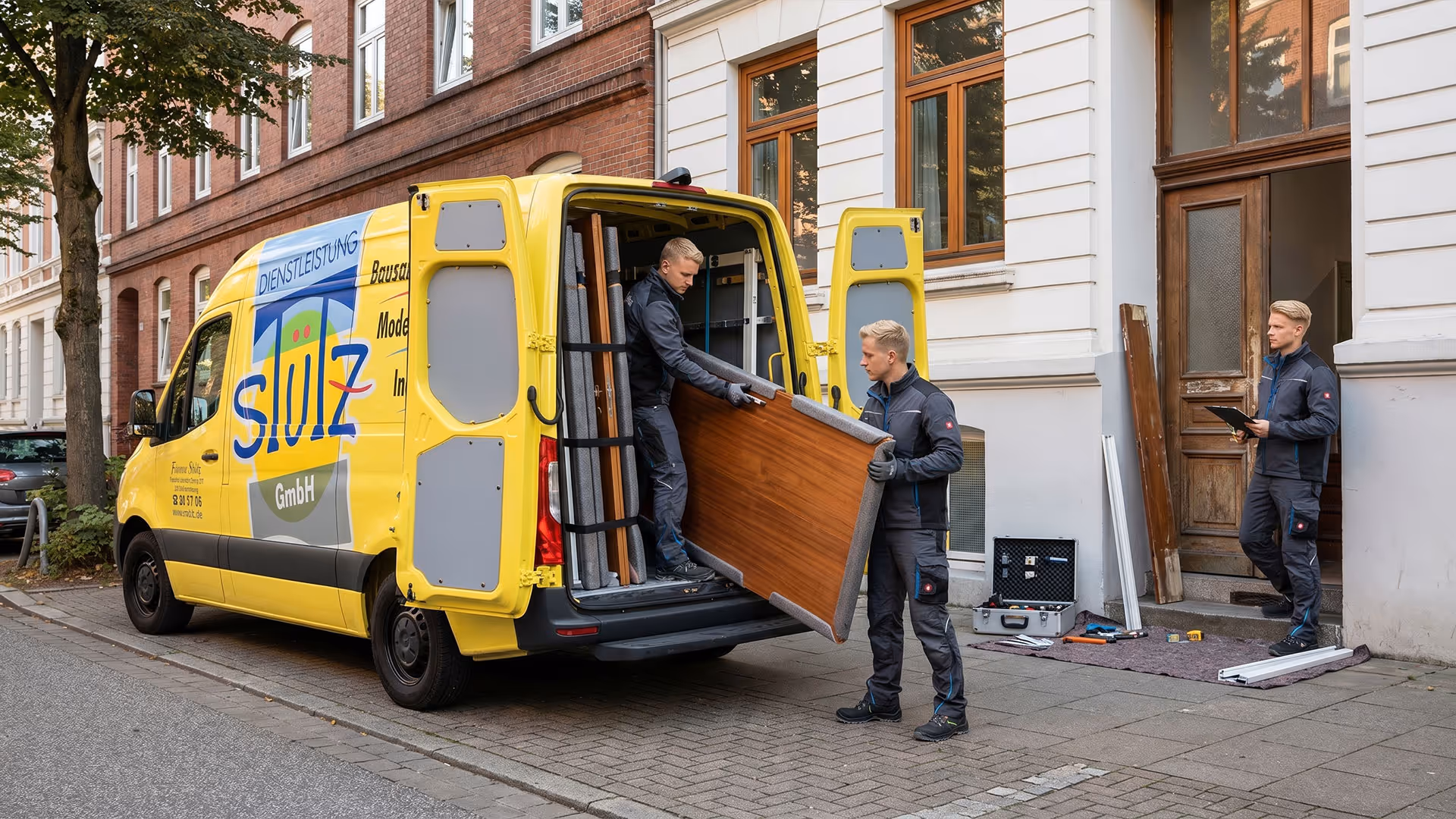 Drei Handwerker entladen eine Holzplatte aus einem gelben Firmenwagen vor einem Haus.