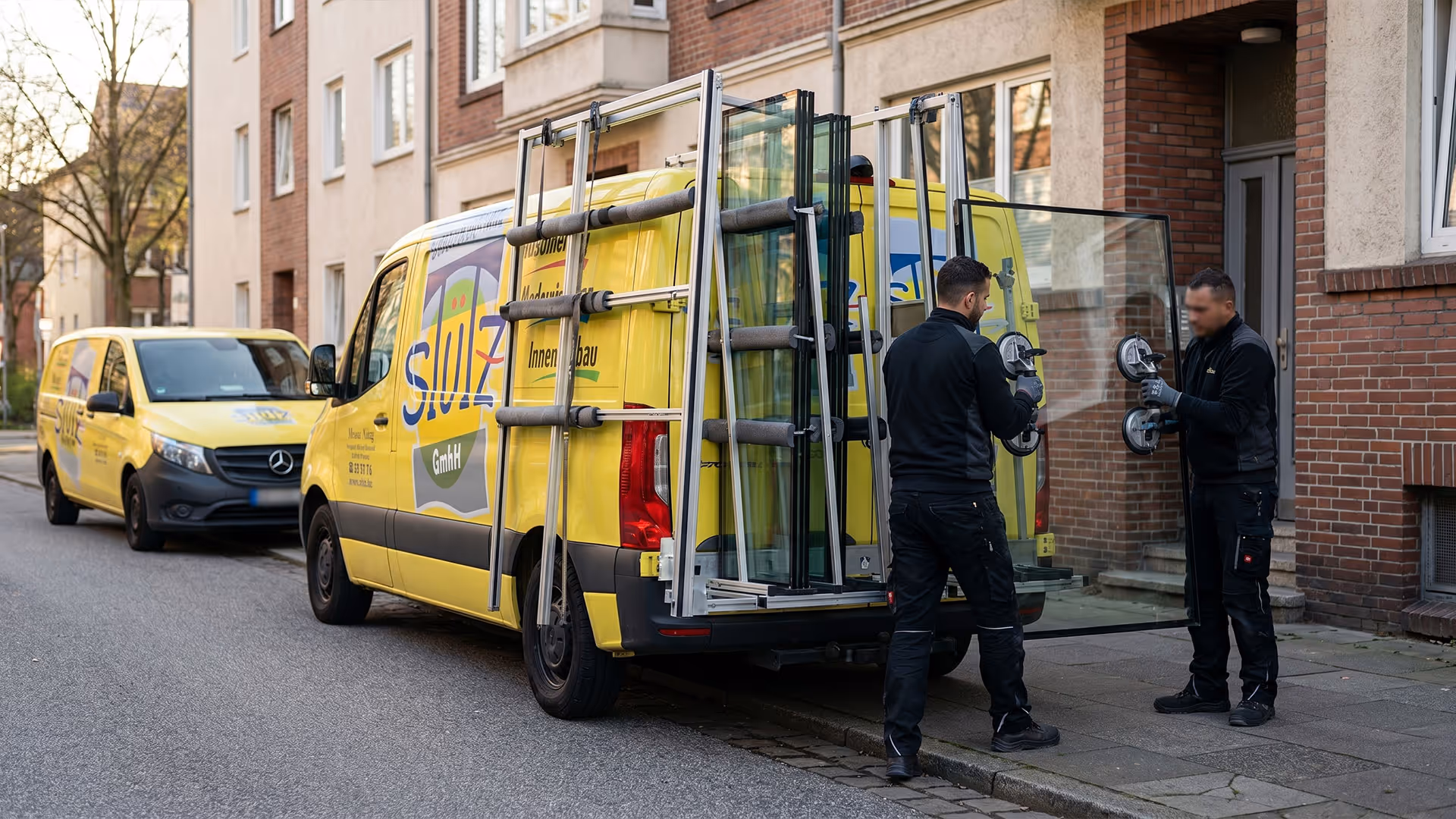 Zwei Arbeiter tragen eine große Glasscheibe vom gelben Firmenfahrzeug zu einem Gebäude.