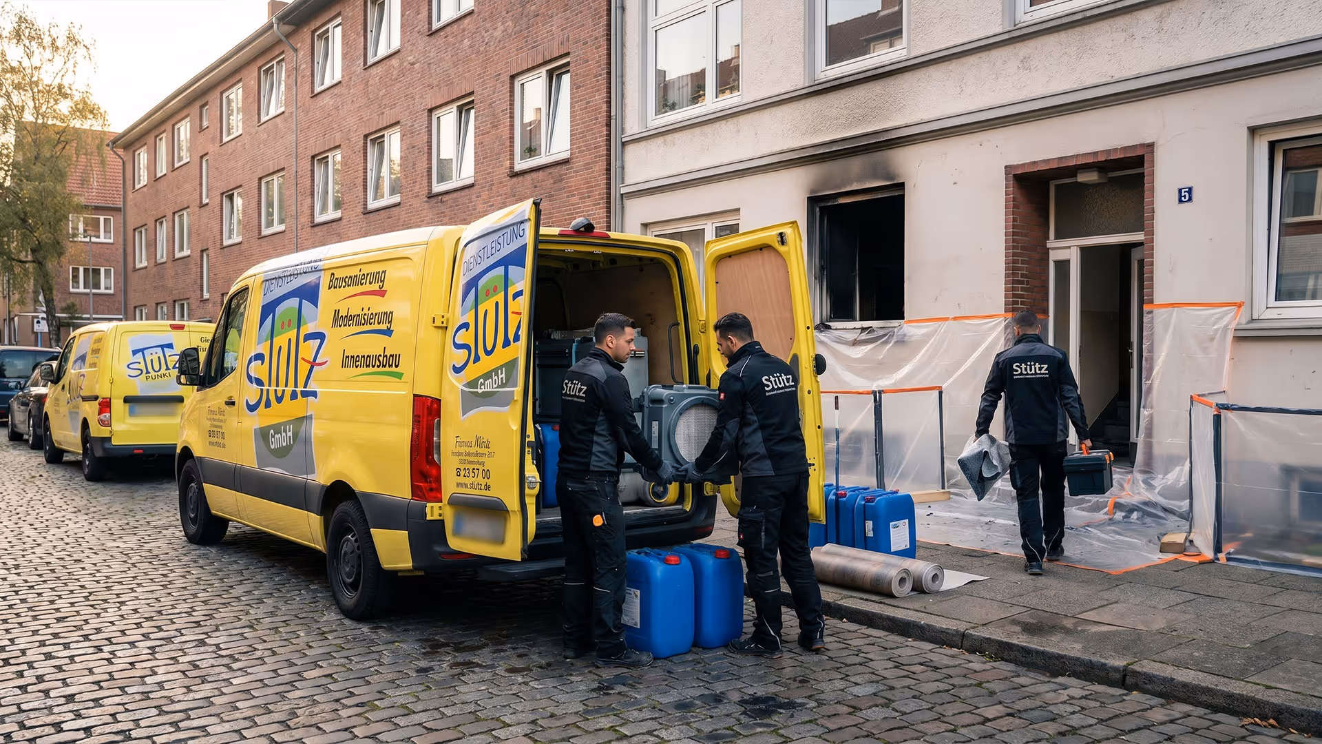 Drei Arbeiter in Stütz-Uniformen laden Ausrüstung aus gelben Firmenfahrzeugen vor einem sanierten Brandhaus.