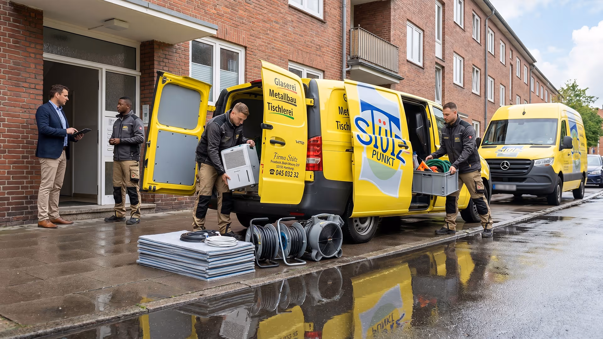 Mitarbeiter laden Geräte aus gelbem Stütz-Firma Transporter vor Backstein-Gebäude an nassem Bürgersteig.