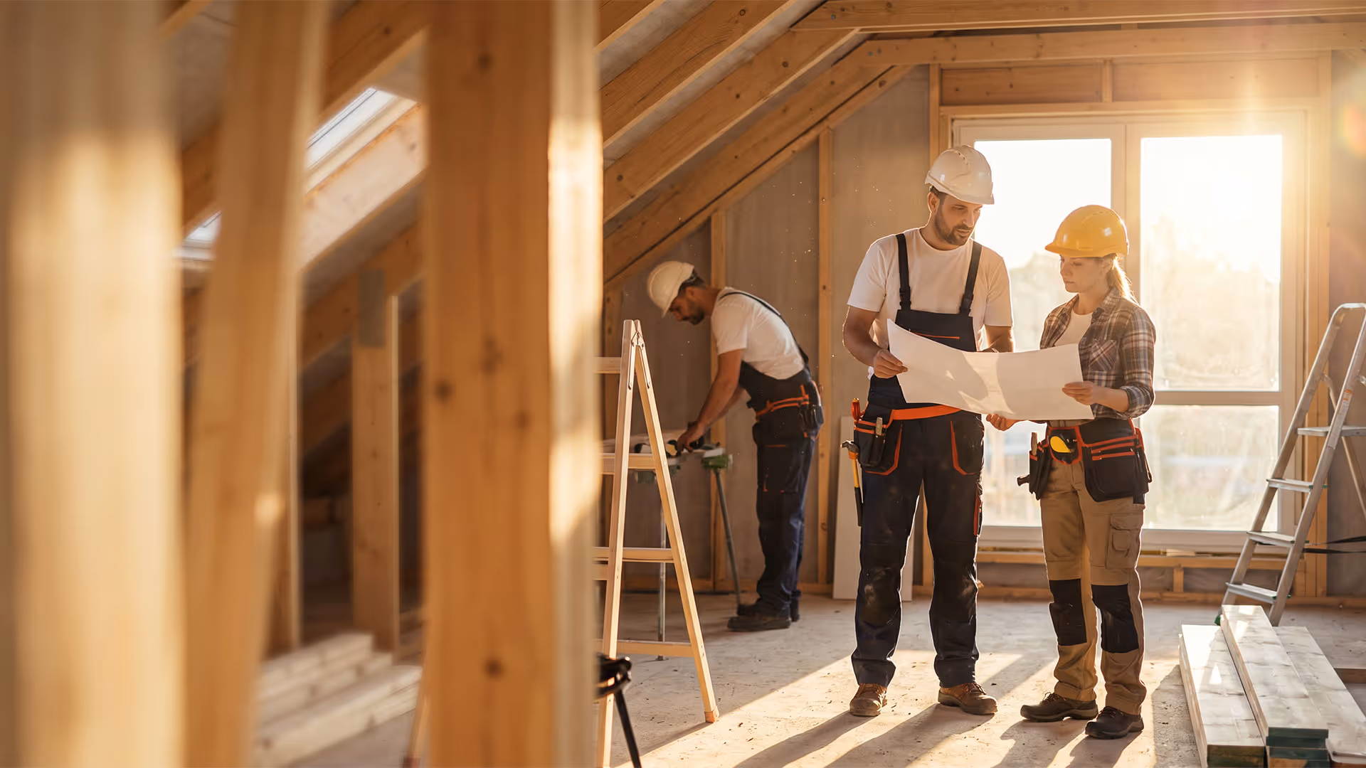 Drei Bauarbeiter mit Helmen prüfen Pläne und arbeiten in einer hellen Dachbodenbaustelle.