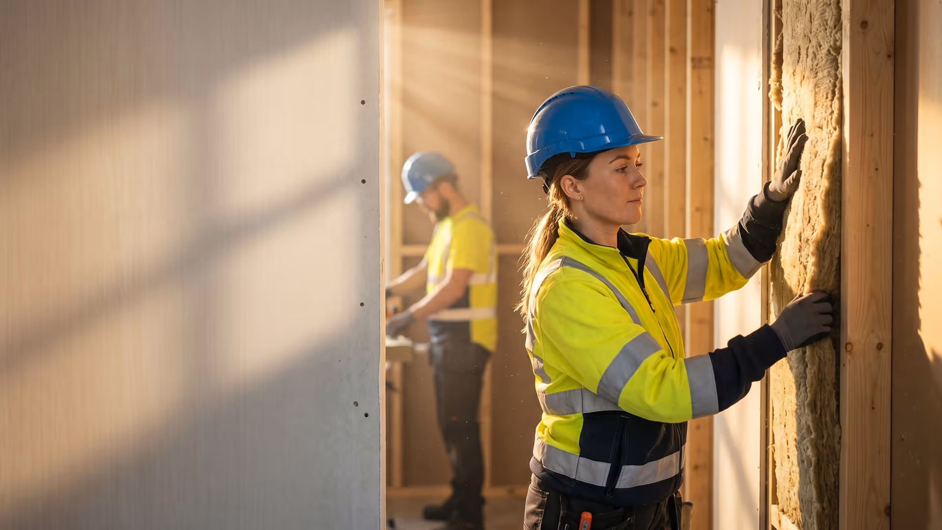 Zwei Bauarbeiter mit Schutzhelmen und Warnwesten installieren Isolierung in einem Holzrahmenbau.