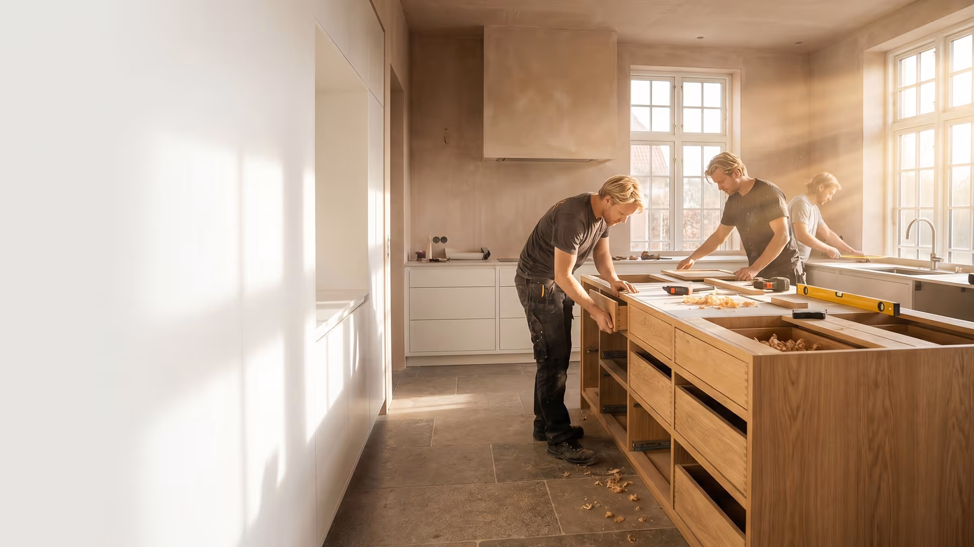 Handwerker arbeiten an einem großen Holz-Küchenblock in einem hellen Raum mit großen Fenstern.