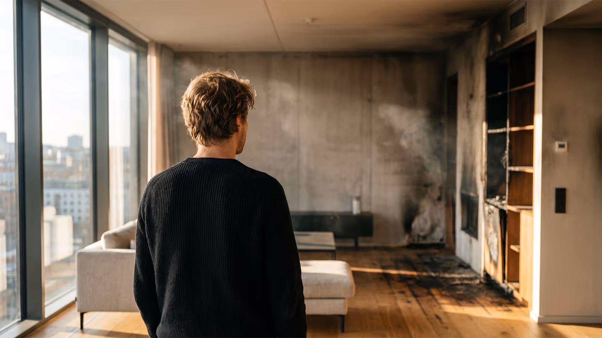 Ein Mann schaut in einen sonnendurchfluteten Raum mit Brandschaden und Rauch an der Wand.