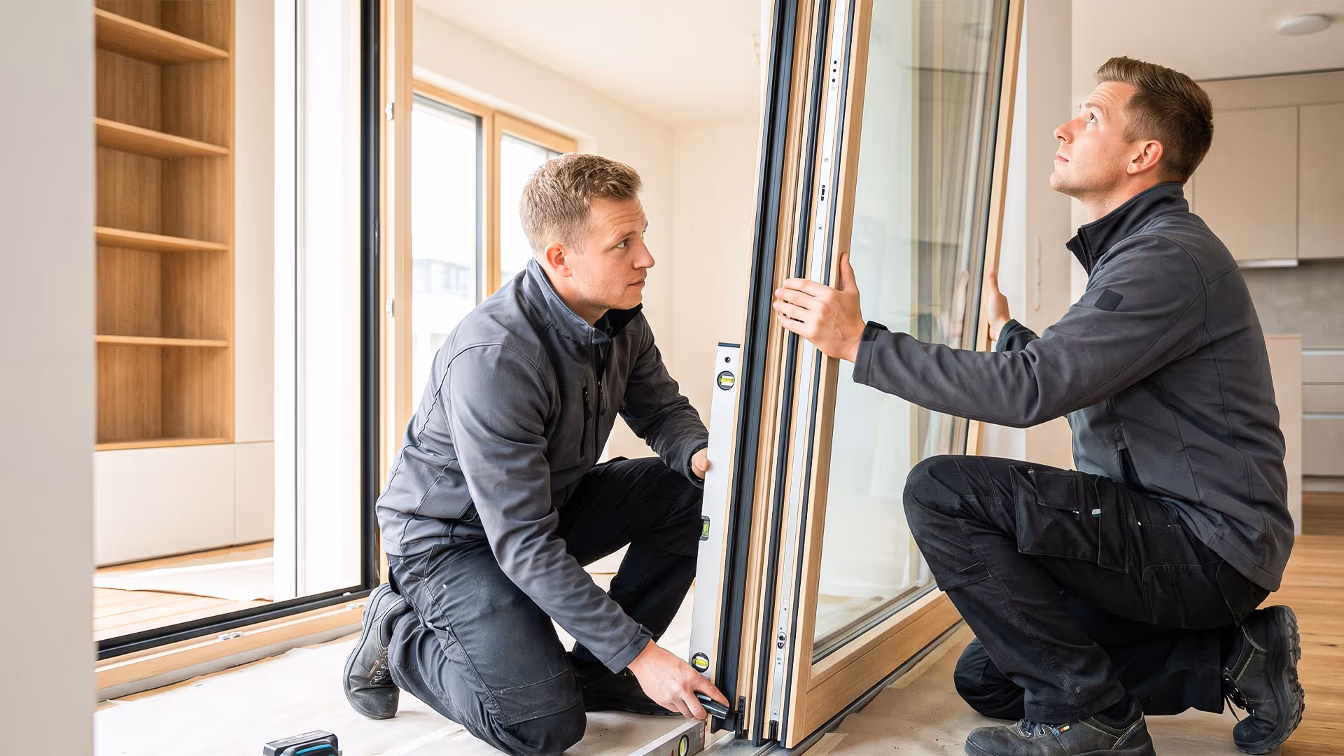 Zwei Handwerker montieren und prüfen einen großen Holzglas-Türrahmen in einem hellen Raum.