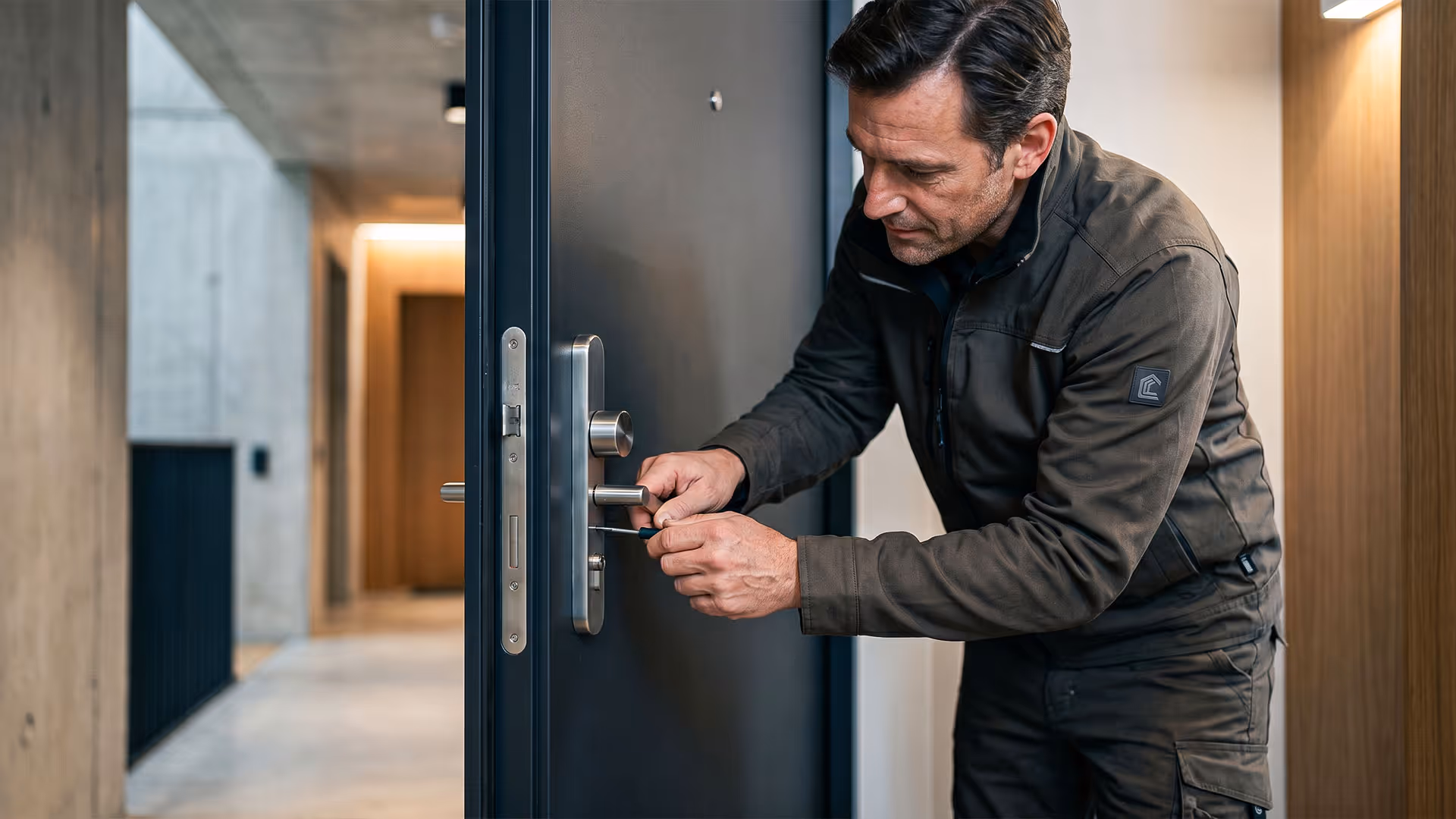 Ein Handwerker montiert ein Türschloss mit einem Schraubendreher an einer Wohnungstür.