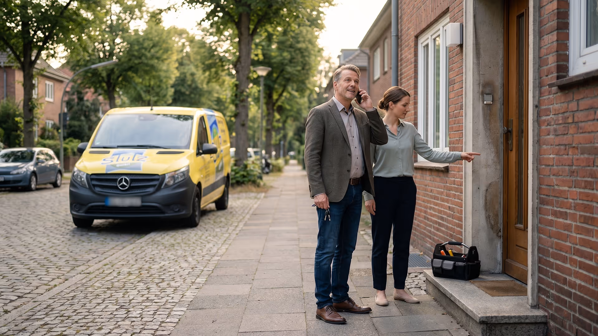 Mann telefoniert, Frau drückt Klingel an Haustür mit Werkzeugkasten auf Stufe draußen.