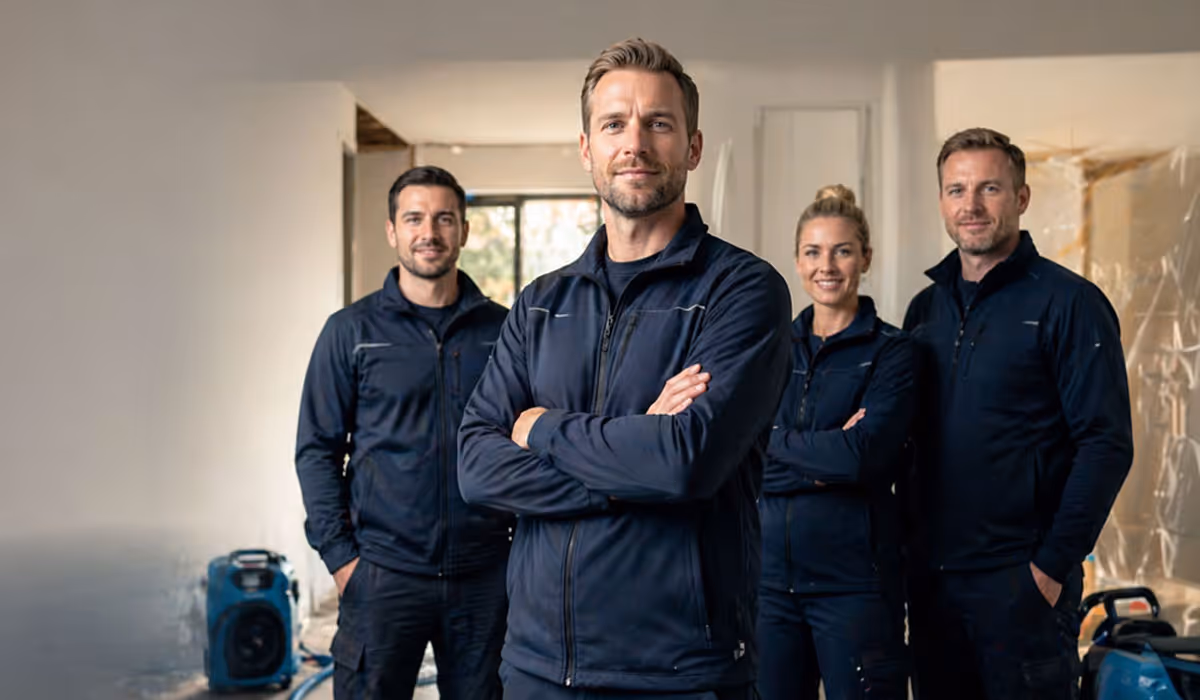 Vier Handwerker im schwarzen Outfit posieren selbstbewusst in einem Raum mit Wasserschadensausrüstung.