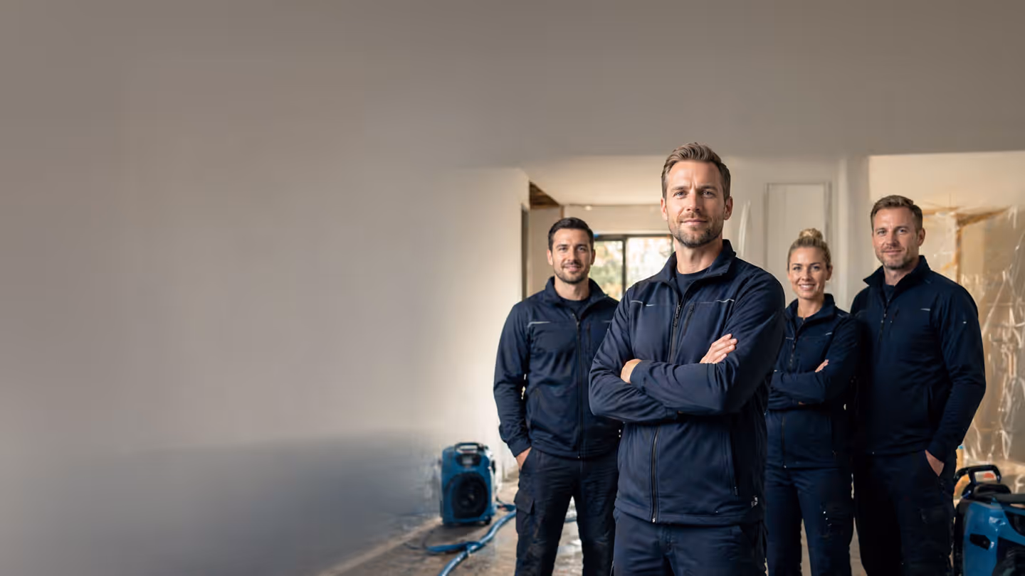 Vier Handwerker im schwarzen Arbeitsoutfit stehen in einem Innenraum mit Trocknungsgeräten im Hintergrund.