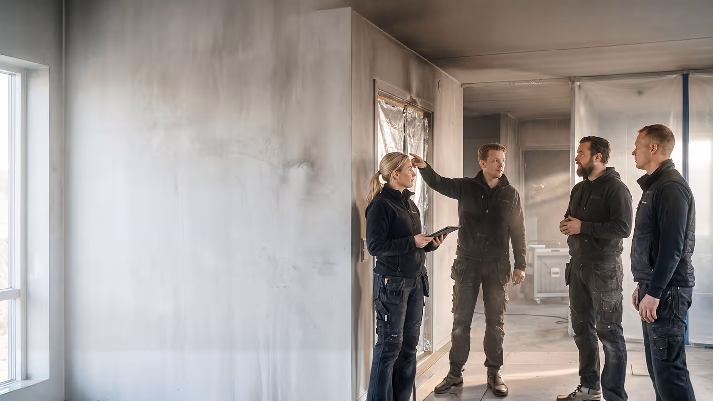 Vier Handwerker besprechen Brandschadensanierung in teils verrußtem Raum mit Baustelleneinrichtung.