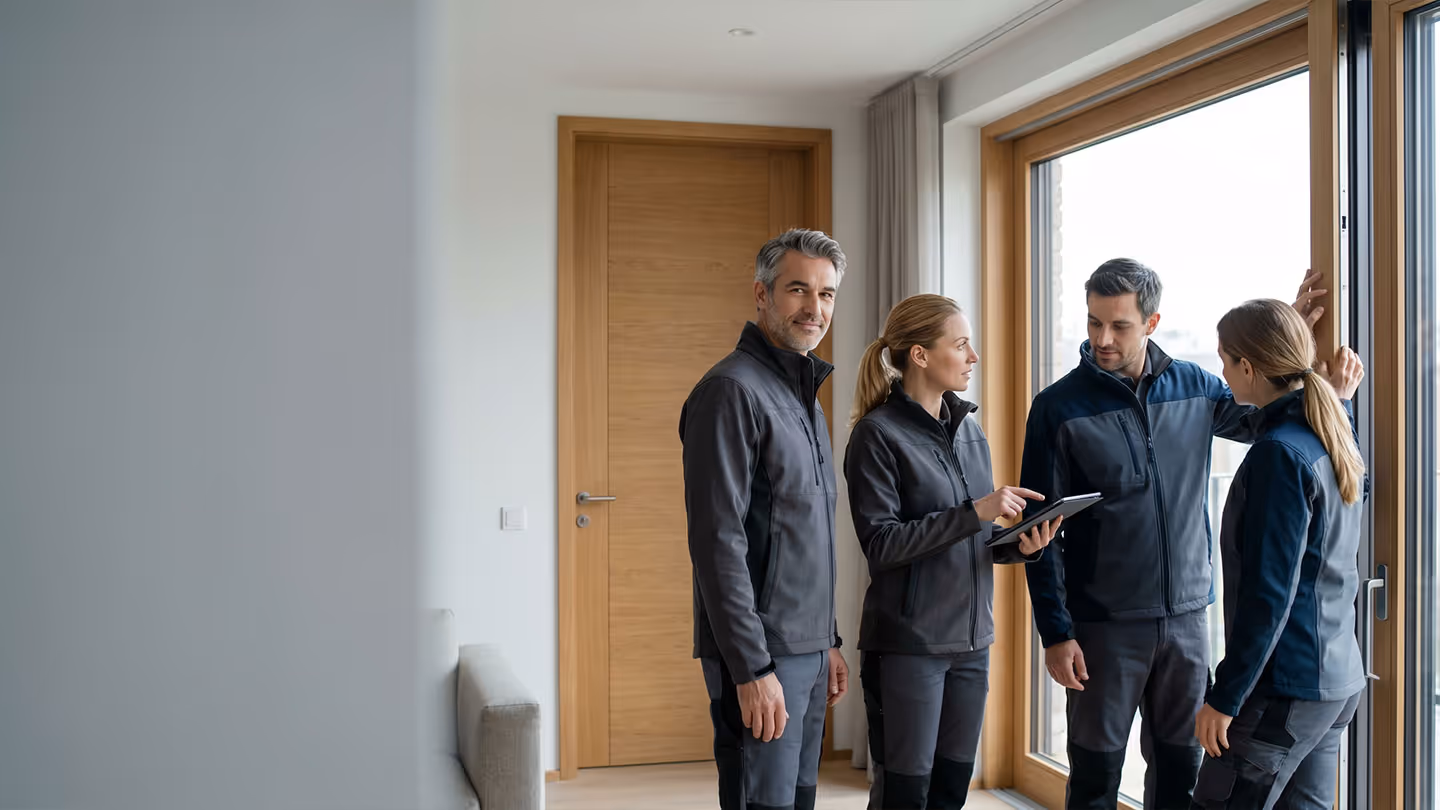 Vier Handwerker in Arbeitskleidung besprechen Fensterinstallation in einem modernen Raum mit Holz Türen.
