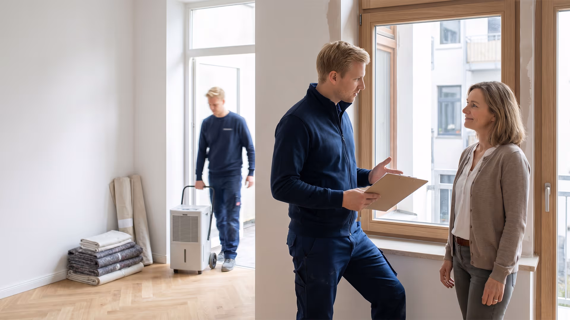 Zwei Männer liefern ein Gerät in eine Wohnung, während eine Frau mit einem von ihnen spricht.