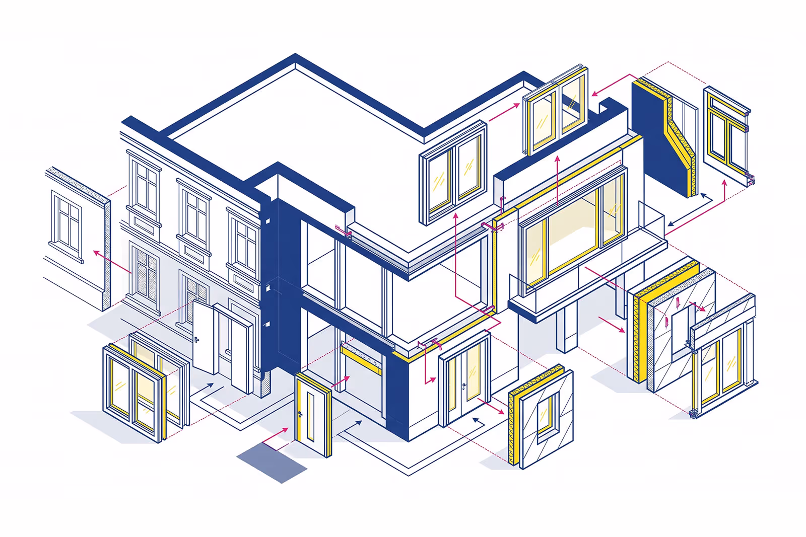 Isometrische technische Zeichnung eines Hauses mit herausgelösten Bauelementen wie Türen und Fenstern.