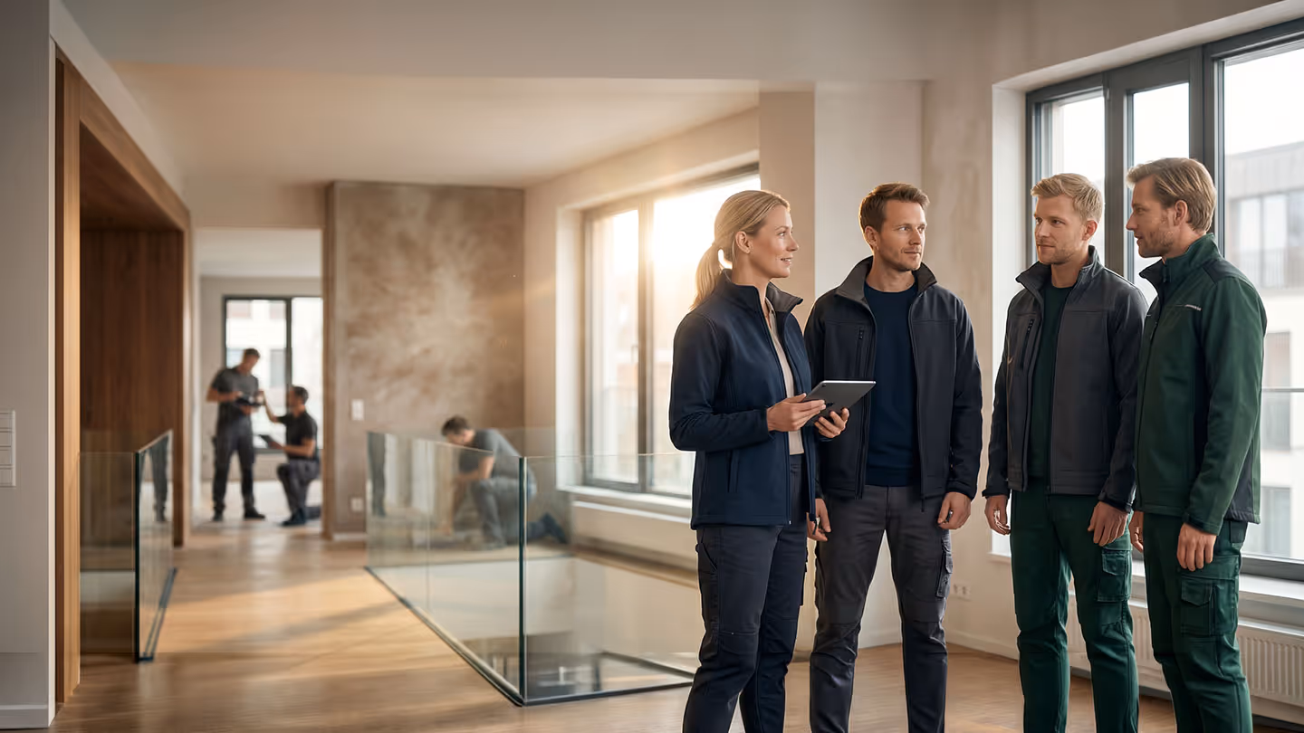 Vier Handwerker im Gespräch in einem hellen Raum, drei weitere arbeiten im Hintergrund.
