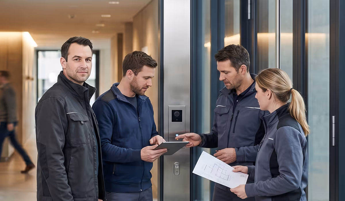 Vier Personen in Arbeitskleidung besprechen Pläne und Tablet vor einem Glaseingang mit Türsprechanlage.