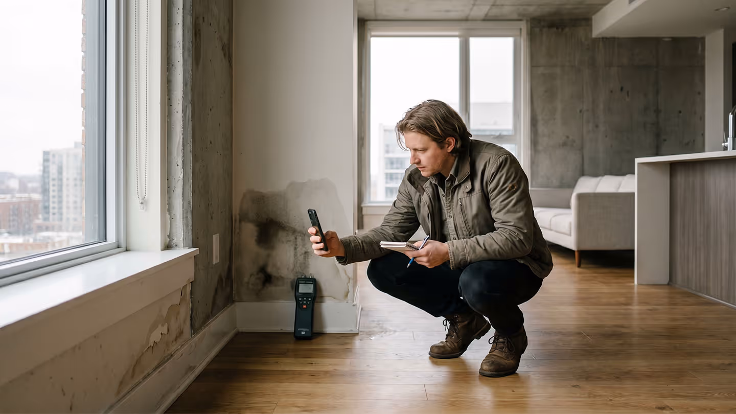 Mann fotografiert Feuchtigkeitsschaden an Wand mit Schimmel im modernen Wohnzimmer.