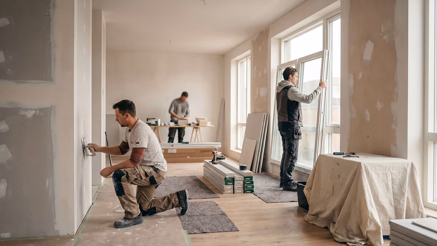 Drei Handwerker renovieren einen Raum: einer verspachtelt, einer arbeitet am Tisch, ein dritter am Fenster.