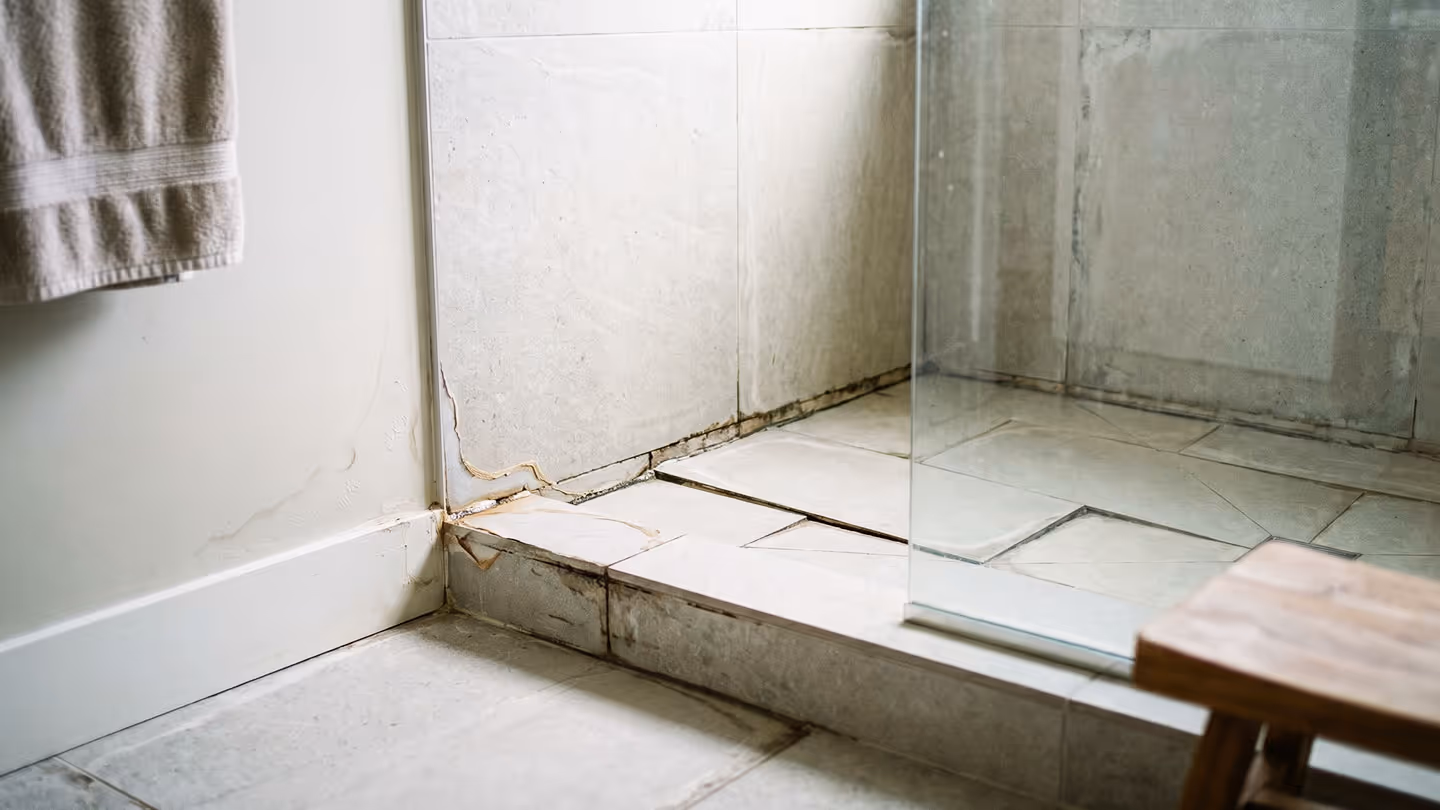 Beschädigte Fliesen und Risse an der unteren Ecke einer Duschwand im Badezimmer.