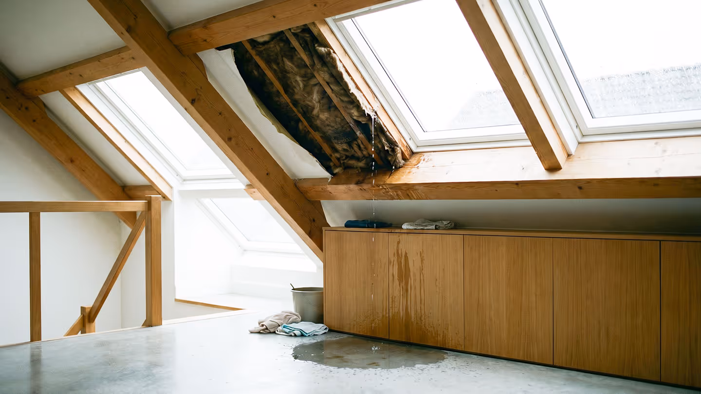 Wasserschaden am Dachfenster mit tropfendem Wasser und nassen Flecken auf einem Holzmöbel und Boden.