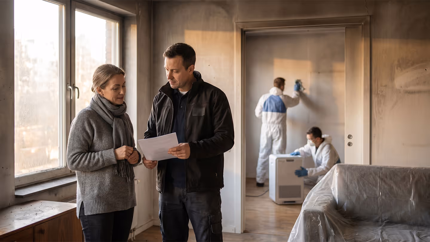 Zwei Personen besprechen Dokumente in einem Raum, während zwei Arbeiter in Schutzkleidung einen Raum reinigen.