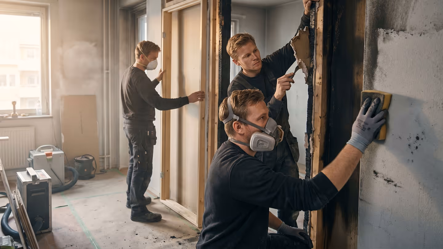 Drei Arbeiter beseitigen Brandschäden an einer Wand in einem Raum mit Schutzmasken und Werkzeugen.