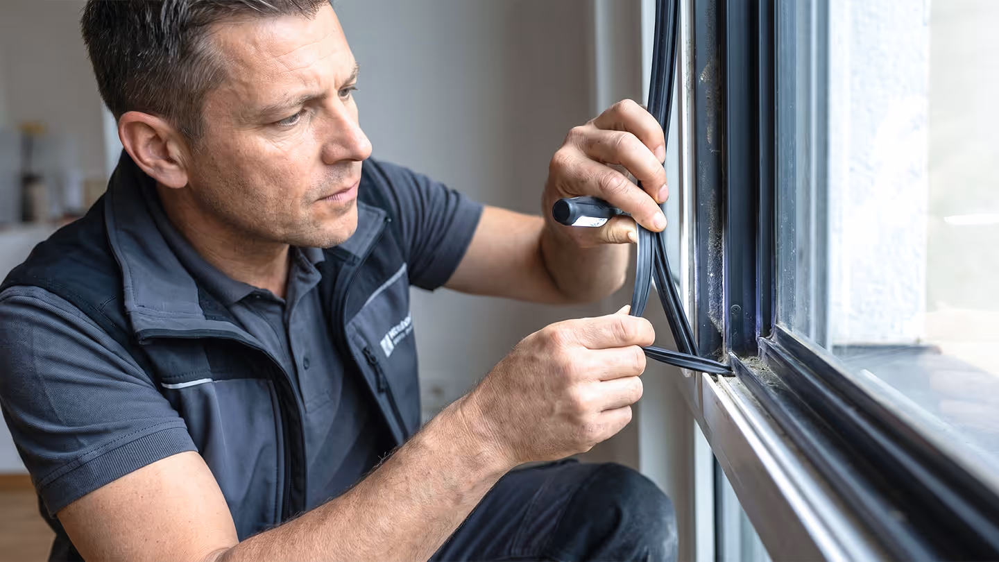 Handwerker installiert Fensterdichtung an einem großen Glasfenster in einem Innenraum.