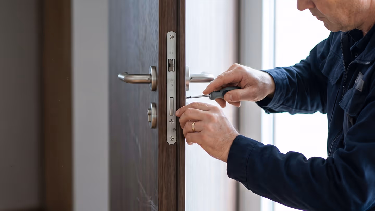 Handwerker mit Schraubendreher montiert eine Türverriegelung an einer Holztür.