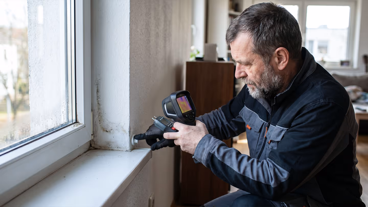Mann mit Thermografiekamera misst Wärme am Fenster in einem Wohnzimmer.