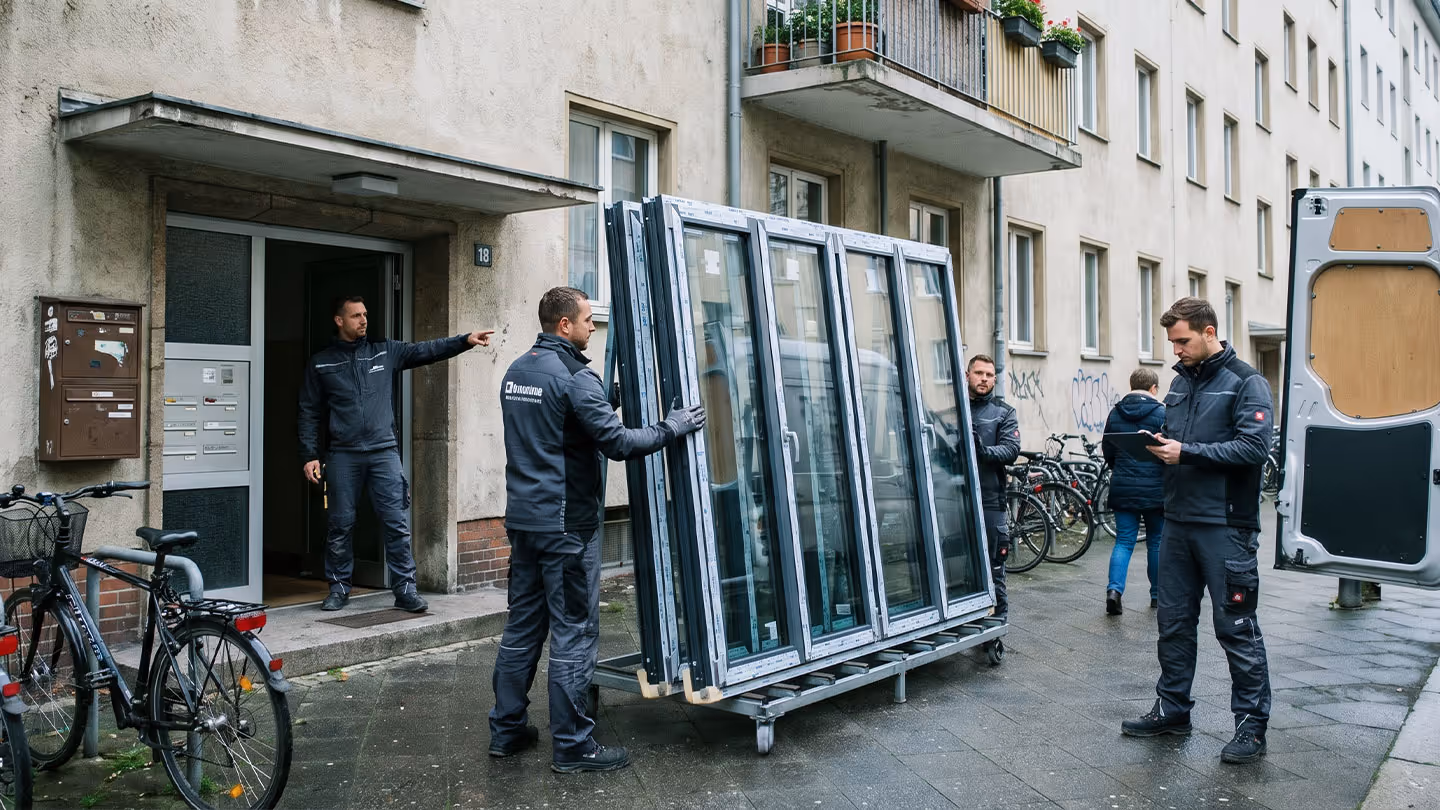Vier Arbeiter in Arbeitshosen laden große Fensterrahmen vor einem Wohnhaus in der Stadt.