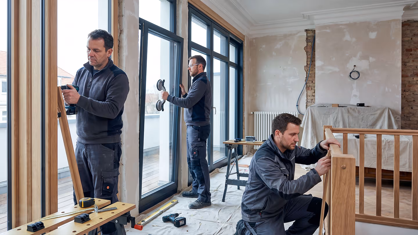 Drei Tischler arbeiten an Fenstern und einem Geländer in einem renovierten Raum.