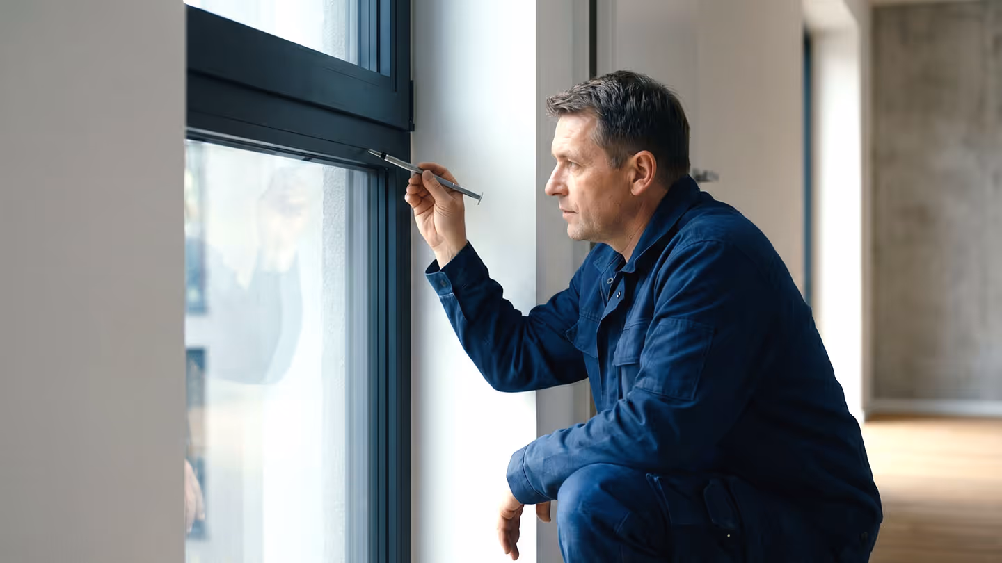 Handwerker prüft Fensterdichtung mit einem Werkzeug in einem modernen Raum.
