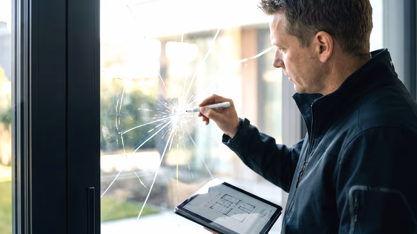 Mann analysiert mit Stift und Tablet zerbrochenes Glasfenster im Haus.