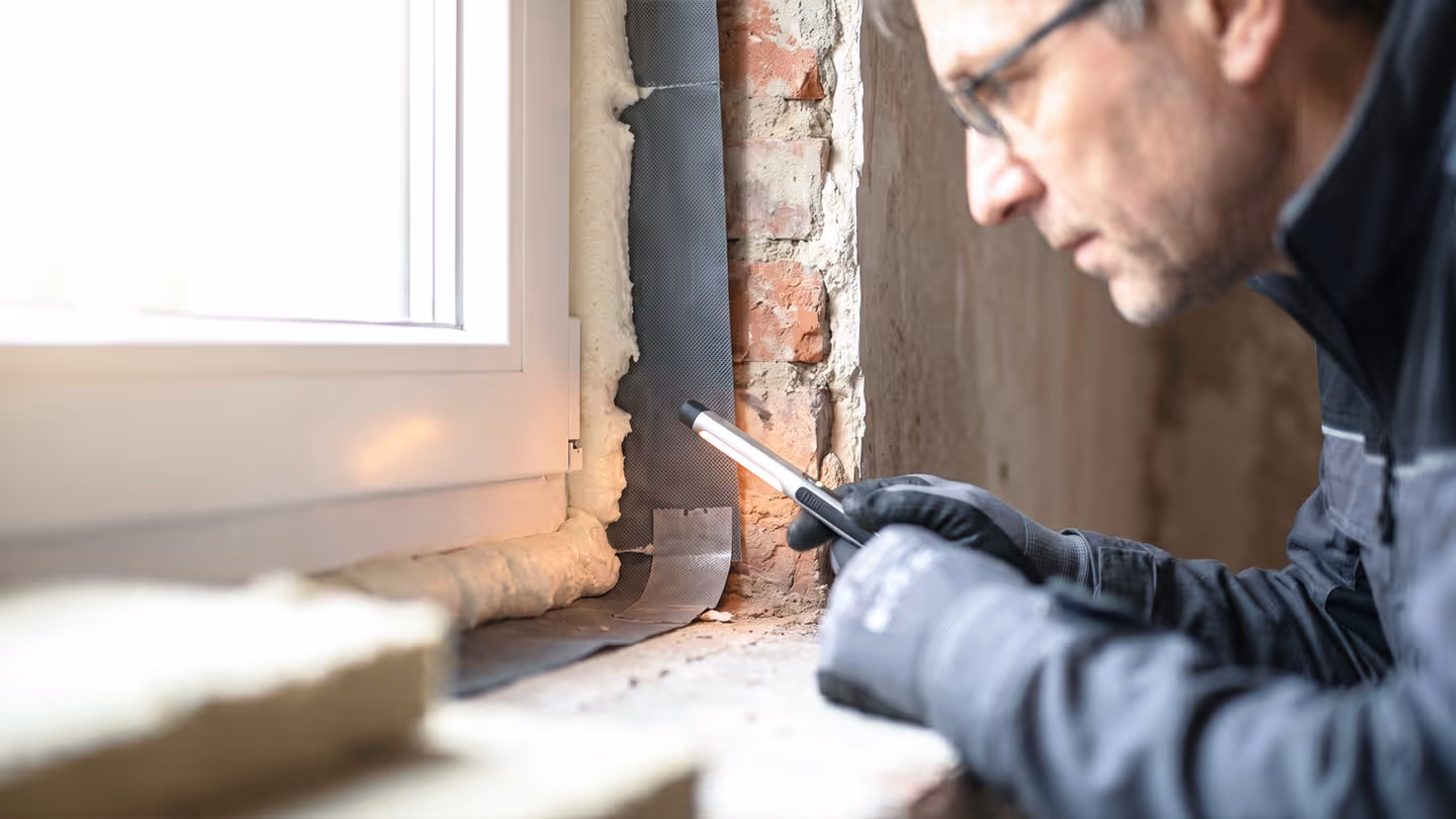 Mann mit Brille untersucht mit Taschenlampe Fensterrahmen und Mauerwerk bei Renovierung.