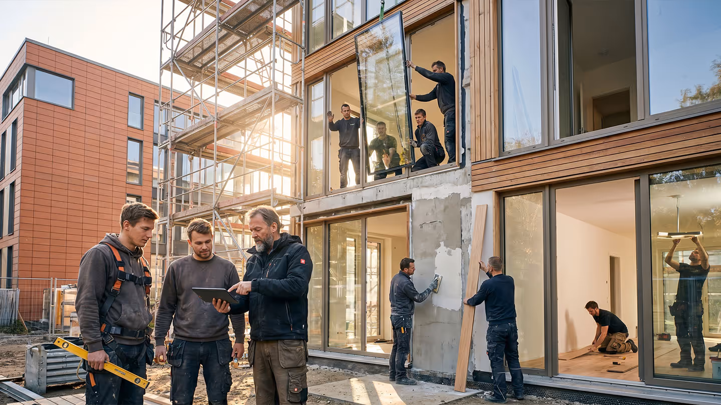 Mehrere Bauarbeiter montieren ein großes Fenster und reparieren eine Fassade an einem modernen Gebäude.