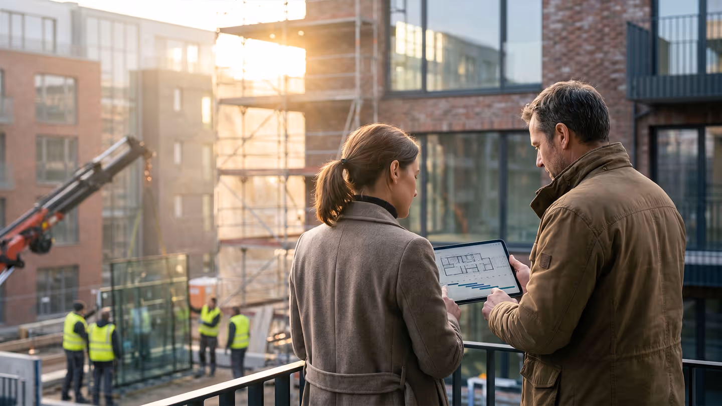 Zwei Personen auf einem Balkon prüfen Baupläne auf einem Tablet vor einer Baustelle mit Arbeitern.