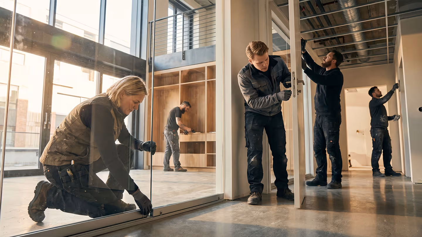 Fünf Handwerker installieren Fenster, Türen und Einbauten in einem modernen Raum mit viel Tageslicht.
