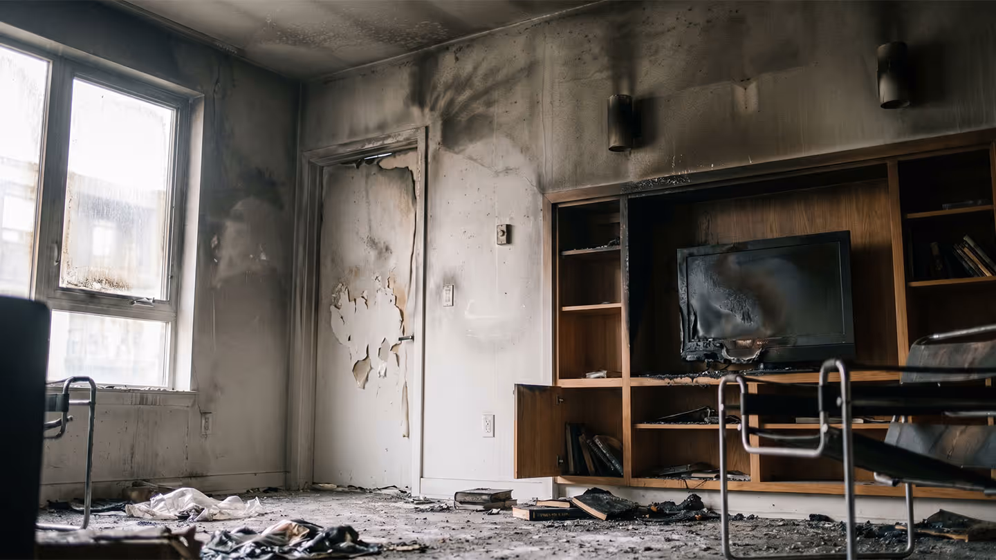 Verbrannte Tür, Fernseher und Möbel in einem durch Feuer beschädigten Raum mit Ruß an Wänden und Boden.