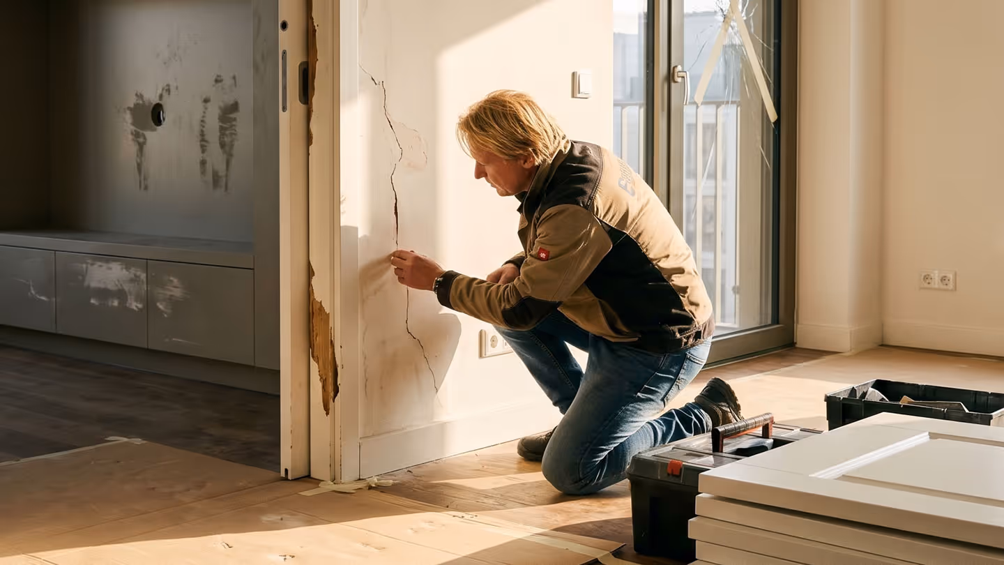 Handwerker kniet und untersucht Risse und Beschädigungen an einer weißen Wand in einer Wohnung.