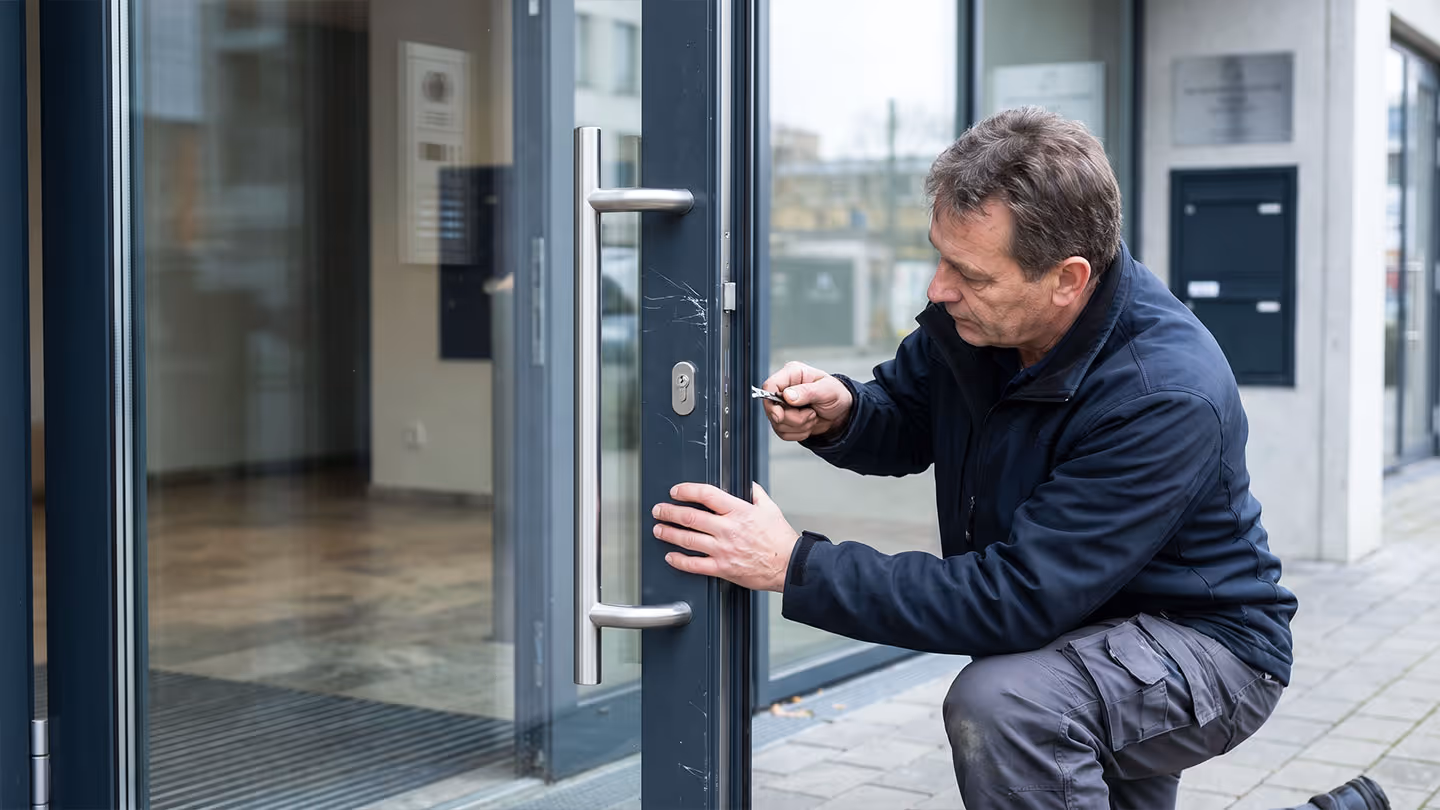 Mann repariert oder öffnet mit Werkzeug die Glastür eines Geschäftsgebäudes.