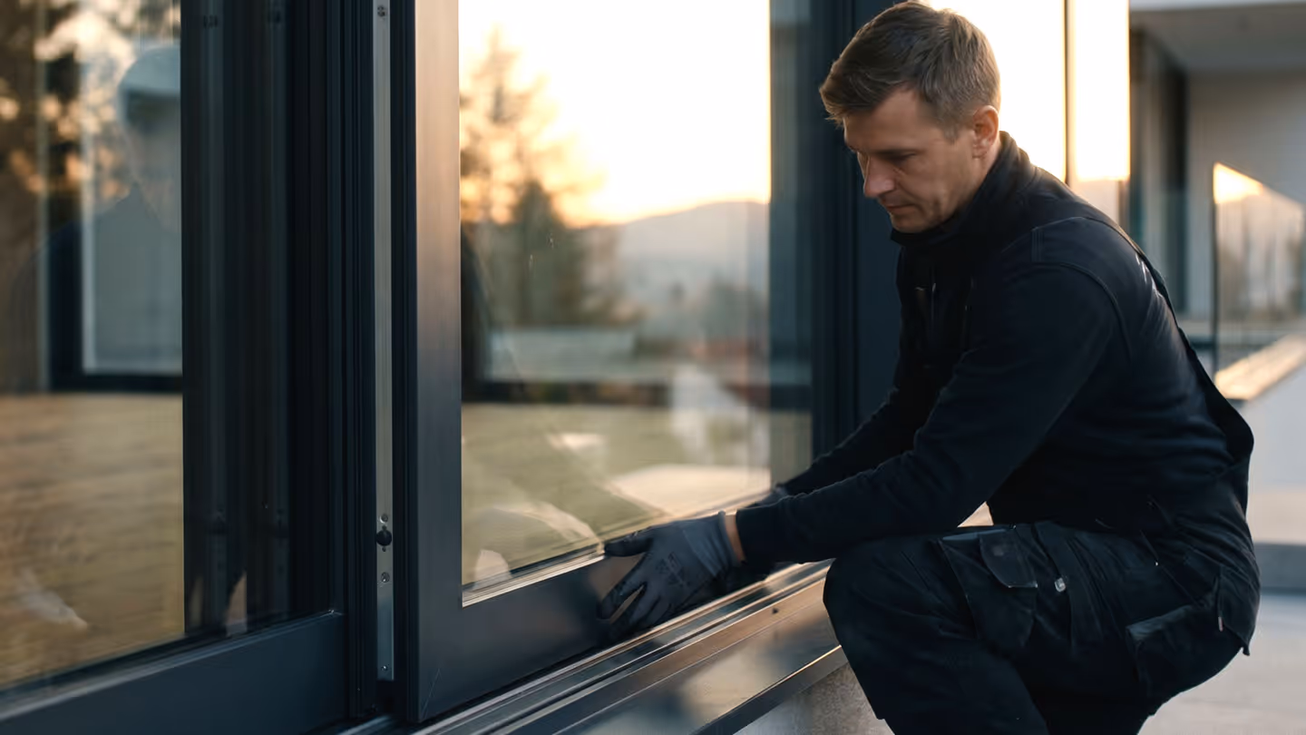 Mann überprüft oder installiert die Dichtungsleiste an einer großen Glastür im Freien.