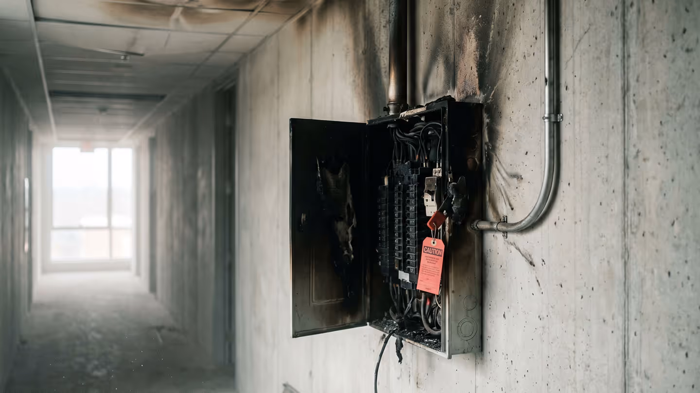Beschädigte elektrische Schalttafel mit Brandspuren in einem langem Korridor eines Gebäudes.