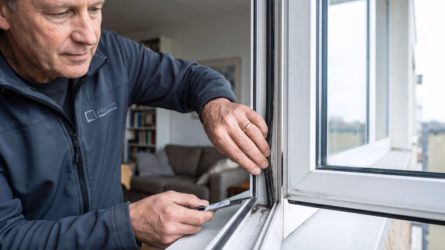 Mann prüft und repariert Fensterdichtung eines geöffneten weiße Kunststofffensters.