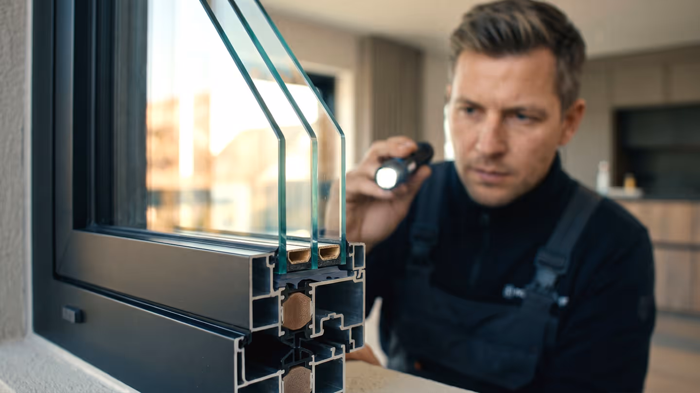 Handwerker prüft mit Taschenlampe eine dreifach verglaste Fenstereinheit mit Aluminiumrahmen.