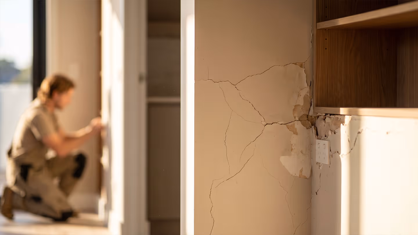 Risse und Schäden an einer Innenwand neben einem Holzregal und einer Steckdose.