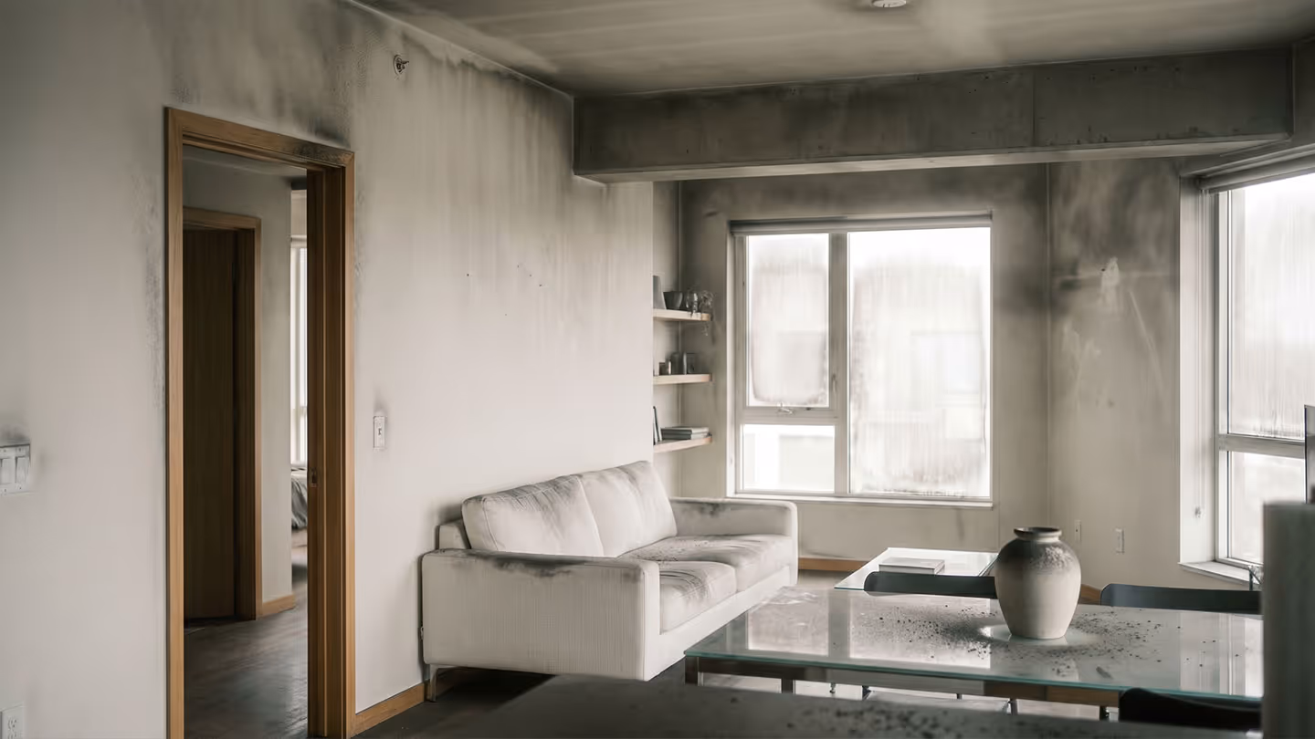 Wohnzimmer mit weißem Sofa und schwarzen Rußflecken an Wänden und Möbeln durch Rauchschäden.