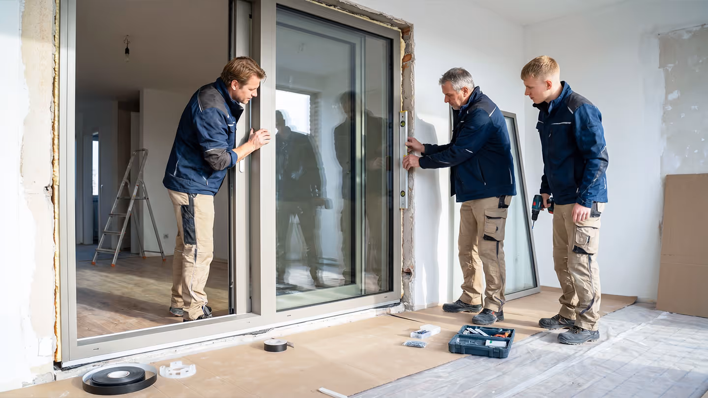 Drei Handwerker montieren ein großes Schiebe-Glasfenster in einem Raum unter Renovierung.