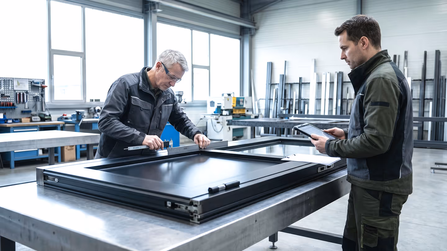 Zwei Männer messen und prüfen ein Metallrahmenfenster in einer Werkstatt.
