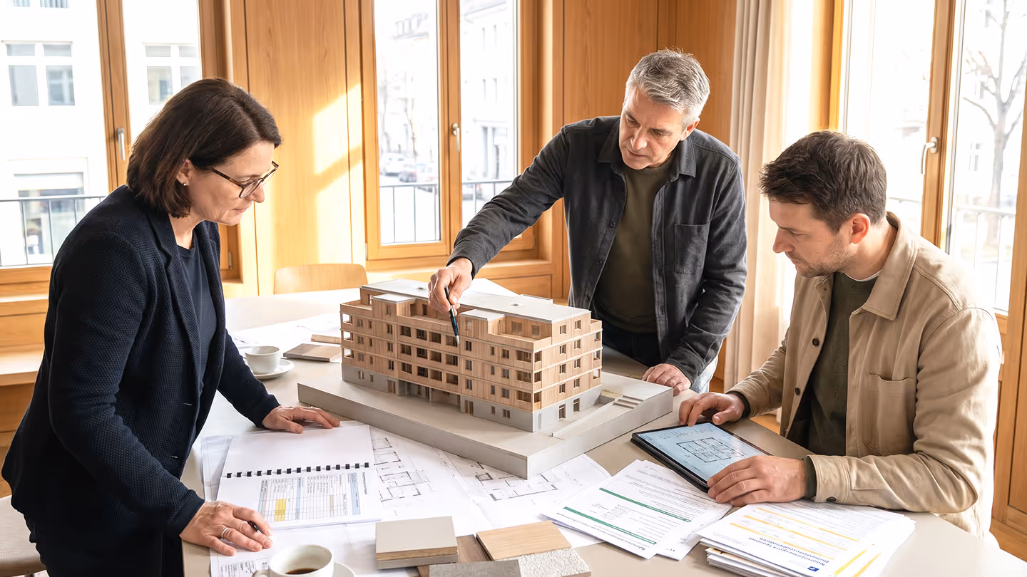 Drei Personen diskutieren um einen Tisch mit einem Architekturmodell und Bauplänen in hellem Raum.