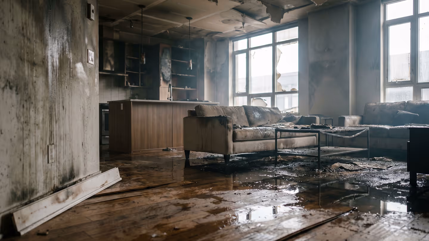 Wohnzimmer mit durch Brand beschädigten Sofas und nassem, verschmutztem Holzboden.