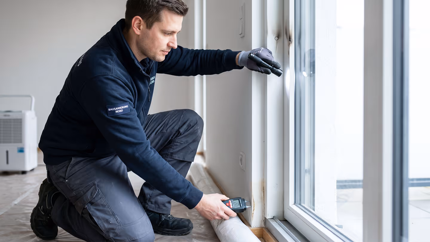 Handwerker in Uniform prüft Feuchtigkeit an Fensterrahmen mit Messgerät.